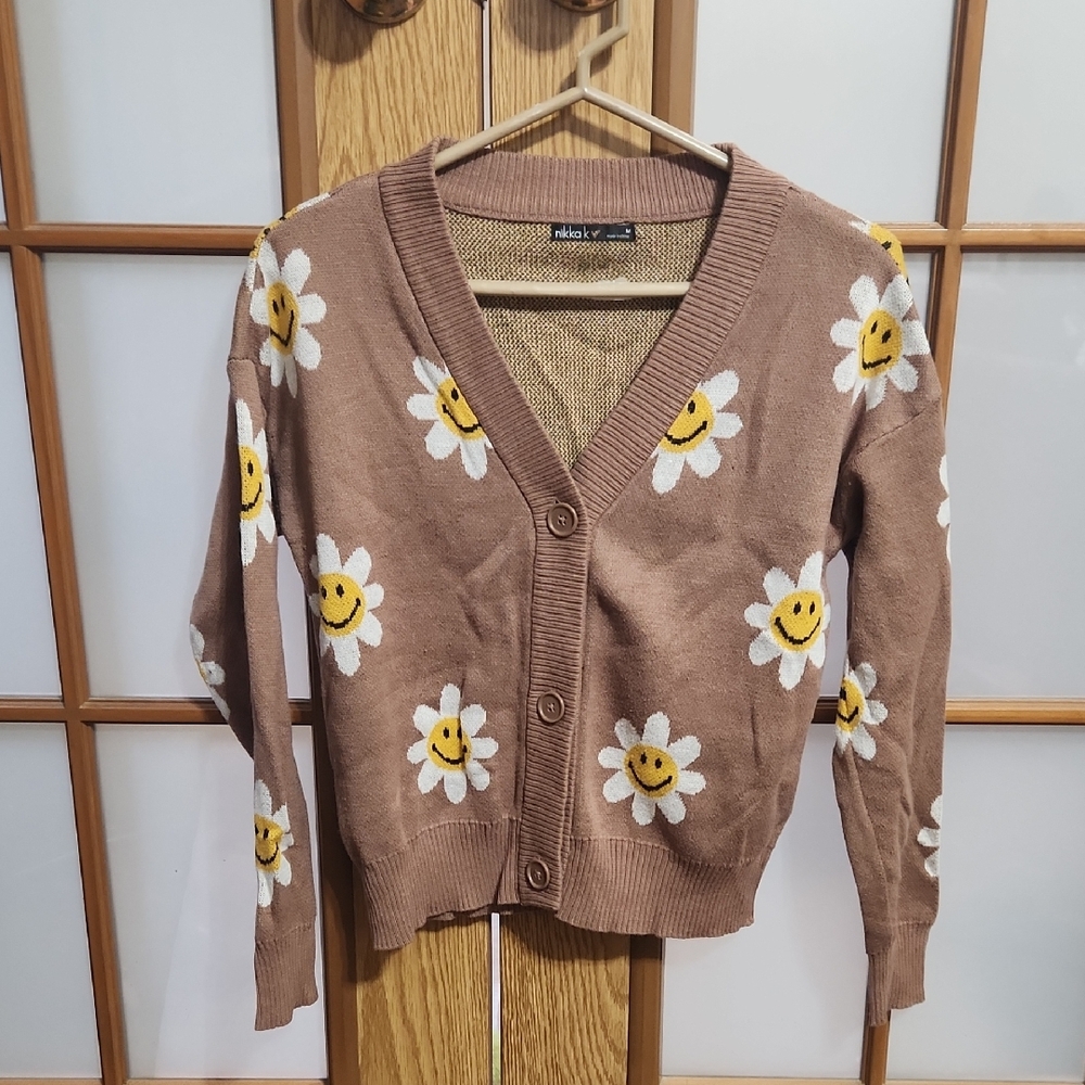 Nikka K  Brown Floral Smiley Face Cardigan Sweater Size Medium